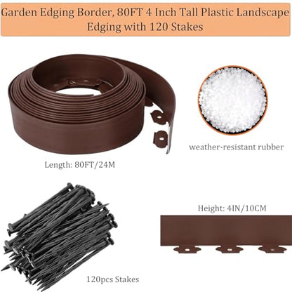 Landscape Edging 80FT, 4IN Tall Garden Edging Borders with 120pcs Stakes - color: Brown, size: 4IN x 80FT