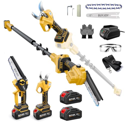 4-in-1 Pole Saw & Electric Pruning Shears, 1.4" Cutting Diameter Cordless Pruner, 6 Inch Chainsaw for Tree Trimming, 9.5ft Max Extension Pole, 2 x 4.0Ah Batteries, Battery Powered Pole Saw for Garden - color: Black Yellow