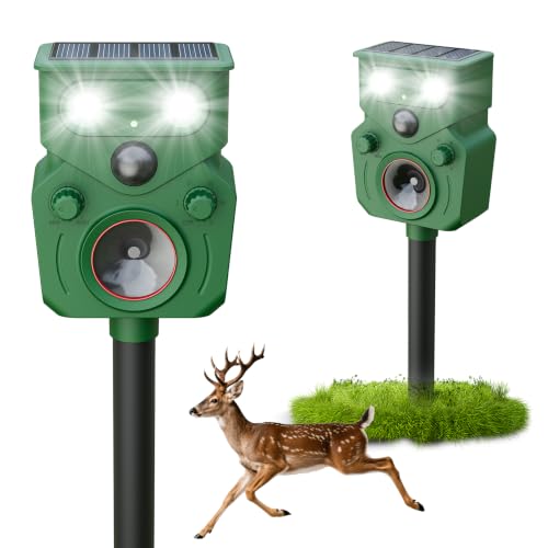Ultrasonic Deer Repellent Devices 2 Packs, 2026 Upgrade Solar Animal Repeller with Motion Sensor & LED Lights, Waterproof Cat Deterrent Outdoor, Effective Repel Deer, Coyote, Raccoon, and Dog