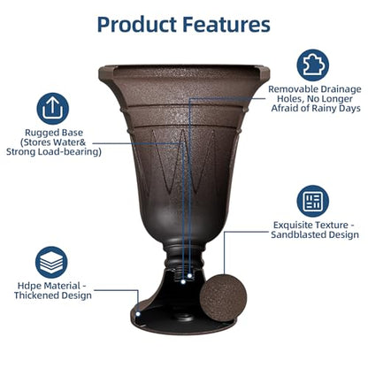 24"Tall Urn Planters for Outdoor Plants, Urns and Pedestal Set of 2 - color: Brown-sandblasting