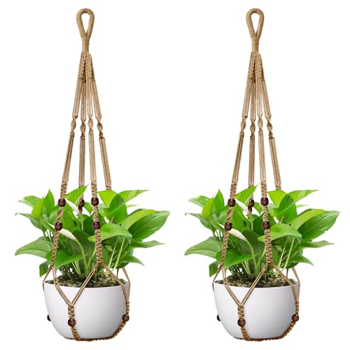 USLAI Macrame Plant Hanger, for Up to 15 Inch Pots, 35 Inch, Brown, 2 Pack - color: Brown, size: 35+35 Inch