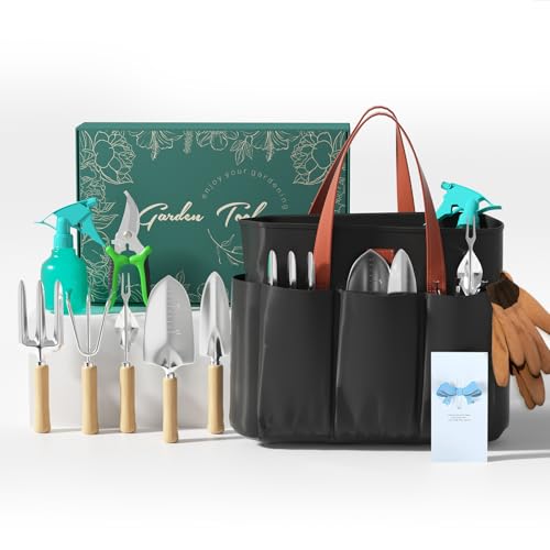 VerdantVibes 9-Piece Garden Tool Set - Heavy Duty Gardening Hand Tools with Ergonomic Non-Slip Grips, Rust-Resistant Shovel, Trowel, Rake, Pruner & Storage Bag - Ideal Gardening Gifts for Women