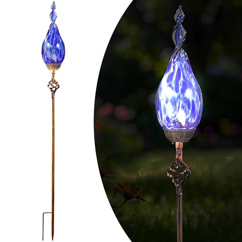 Solar Garden Lights Outdoor, Decorative LED Flame Garden Stakes, Hand Blown Glass and Outdoor Waterproof Glass Stakes (Dark Blue) - color: Dark Blue