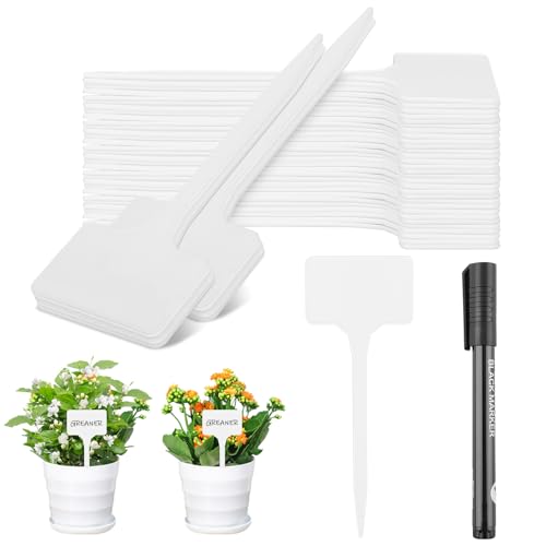 Greaner Thick Plastic Plant Makers, 6 Inch White T-Type Plant Tags, Plant Markers for Outdoor Plants Waterproof, Nursery Garden Labels for Seeds with A Marker Pen(50 PCS) - color: White, size: 2.1x6 Inch-50 PCS