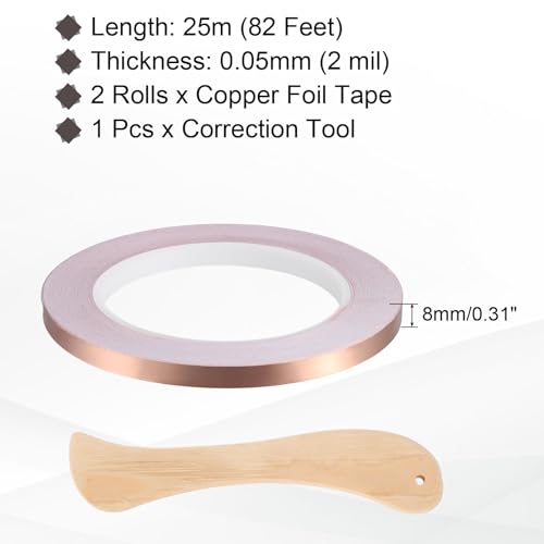 2pcs Copper Foil Tape 0.31" x82FT Single Conductive Adhesive Tape - size: 0.31 Inch x 82 FT