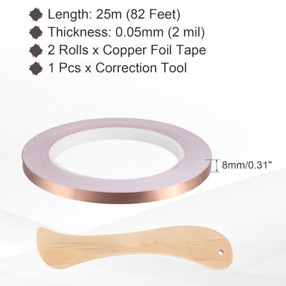 2pcs Copper Foil Tape 0.31" x82FT Single Conductive Adhesive Tape - size: 0.31 Inch x 82 FT