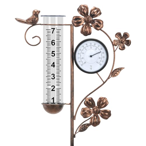 Rain Gauge Outdoor with Thermometer Garden Decorative, Bird Rain Gauges