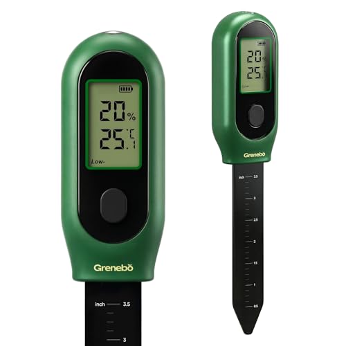 Grenebo 3-in-1 Soil Moisture Meter, Digital Plant Water Meter, Temperature & Sunlight Intensity Sensor, LCD Display Soil Tester for Gardening, Farming, Plant Care, Indoor & Outdoor Plants（Green）