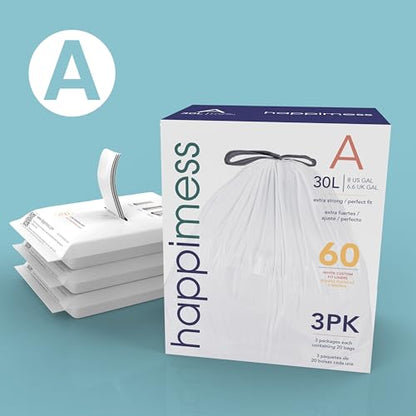 happimess HPM3000A-WHITE 7.9 Gallon Kitchen Drawstring Trash Bags, Trash Can Liner, White, 60-Count, 3-Packs of 20 Liners - color: White, size: 60 Count (Pack of 1)