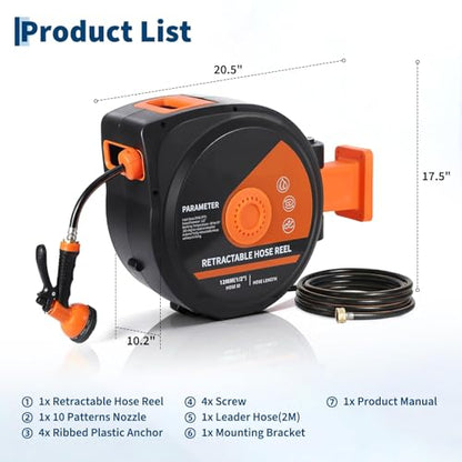 Retractable Garden Hose Reel, 130ft Slow Rewind Wall Mount - size: 130FT
