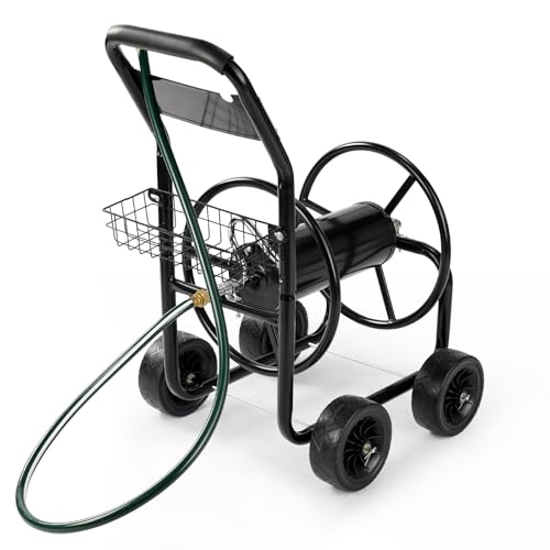 VINGLI 300FT 5/8in Garden Hose Reel Cart, 4-Wheel Portable Residential Hose Reel Cart, Hose Guide System with Storage Basket, Rust Resistant, for Family Yard, Garden and Farm (Black) - color: Black