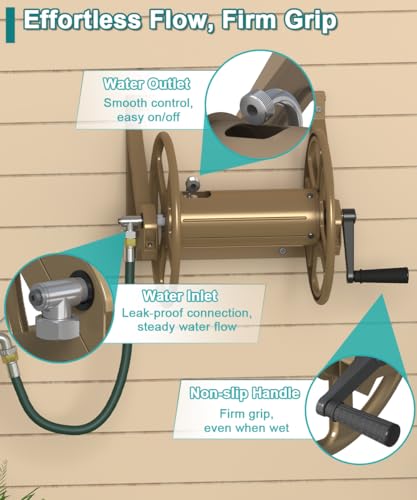 Artigarden Garden Hose Reel Wall Mounted, Outdoor Heavy Duty Powder Coated Metal Water Hoses Holder Winder Holds 125 ft 5/8" Hoses with 3.9ft Leader Hose, Stainless Steel Connector for Outside, Brown - color: Brown