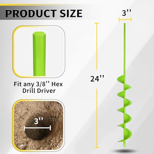 3" x 24" Garden Auger Drill Bit for Planting and Post Hole Digging - Upgraded Spiral Design, Solid Shaft - Hex Driver Drill Compatible - color: 3"x24"-Green