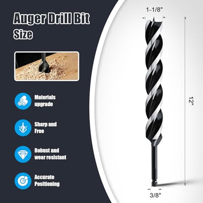 1-1/8" x 12" Auger Drill Bit for Wood,Hex Shank Tri Flute Drill Bit - size: 1-1/8"x12"