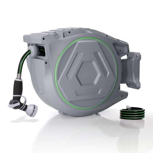 Retractable Garden Hose Reel, 5/8in 100 ft Hose Reel with 9 Patterns Nozzle - color: Grey