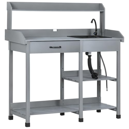 Outsunny Potting Bench Table with Removable Sink, Faucet, Gray