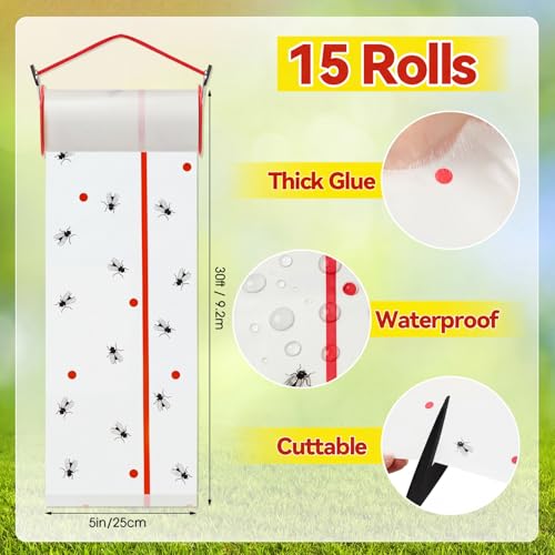 15 Rolls Sticky Fly Trap 30 ft Each, White - color: White