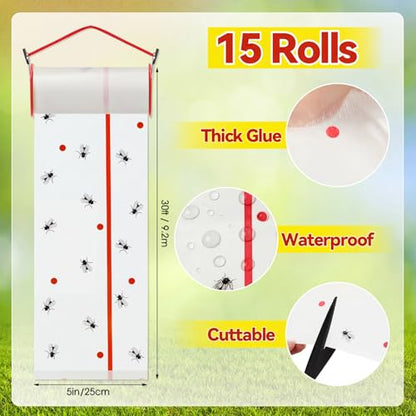 15 Rolls Sticky Fly Trap 30 ft Each, White - color: White