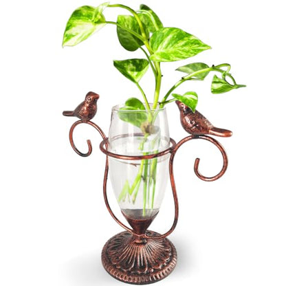 Desktop Plant Propagation Station, Plant Terrarium with Metal Stand - color: Copper Bird, size: 7.1"×6.6"