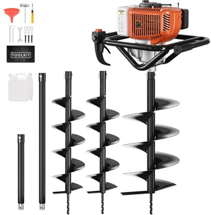 Baotree 72cc Gas Powered Post Hole Digger Earth Auger, 6" & 8" Bits, 2 Rods