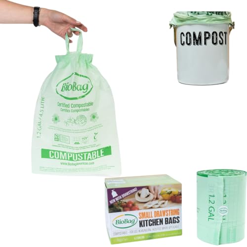 1.2 Gallon Compostable Drawstring Food Scrap Bags by BioBag, 80 Count, BPI Certified, Meets ASTM D6400 Standards, Made in USA, Kitchen Counter Bin Liners - style: 1.2 Gallon With Drawstring