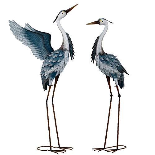 TERESA'S COLLECTIONS Garden Decor, Set of 2 Herons Garden Decor, 23-25", Elegant Herons with Blue Painting, Waterproof Metal Garden Statue, Birthday Gifts for Women Mom - size: Medium