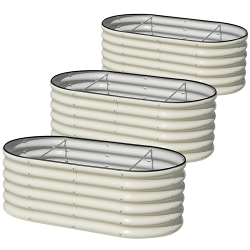 SnugNiture 3 Pcs 4x2x1.5ft Raised Garden Bed Outdoor, 17" Tall Galvanized Metal Planter Box, Oval Raised Garden Bed Kit for Planting Vegetables Plants Fruits, Beige White - color: White, size: 4×2×1.5ft(3 Pack)