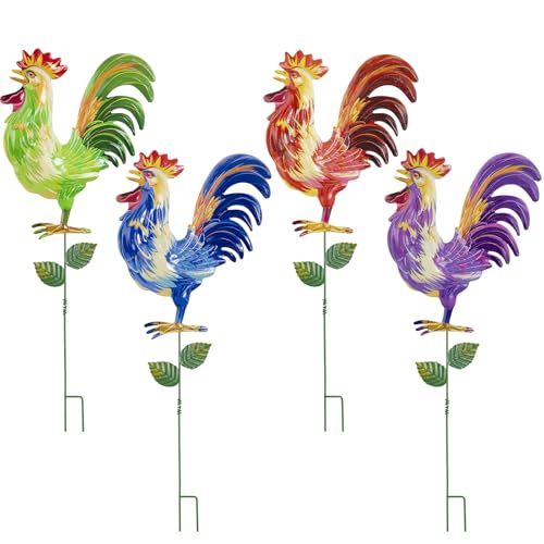 Metal Garden Stakes Outdoor Decor, 19 inch Garden Yard Art, Weather Proof Rooster Stakes for Yard Lawn Porch Pathway Patio Plant Pot Decorations - color: 4p-b