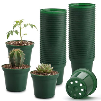 50 Pack 3 Inch Plastic Nursery Pot with Drainage Holes, Raised Base - color: Green, size: 3"-50P