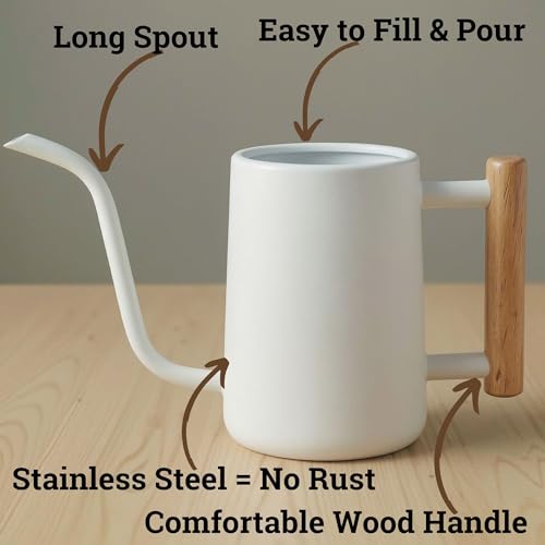 Metal Small Indoor Watering Can with Long Spout & Real Wood Handle, 35oz - color: White