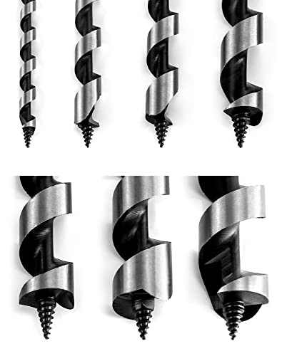 QWORK Auger Drill Bit Set, 7 Piece Set 9" Auger Bit Set Hardened Alloy Steel Ship Auger Bit Creates Deep Clean Hole Precise Drilling for Wood Drilling