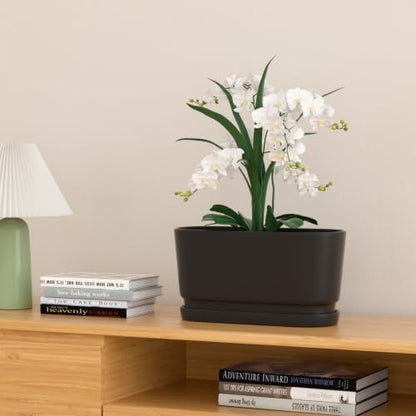 13" Rectangular Ceramic Planter with Drainage and Saucer, Black - color: Matte Black, size: Large