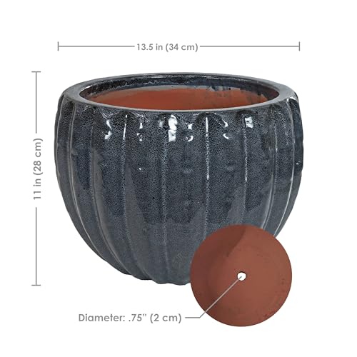 Sunnydaze 13.5-Inch Fluted Ceramic Plant Pot - Black Mist Glaze