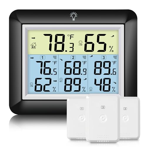 Urageuxy Wireless Indoor Outdoor Thermometer with 3 Sensors - color: Black