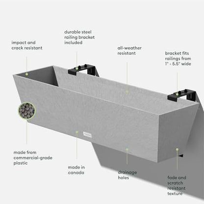 Veradek Pure Series Railing Planter - Tapered Window Box with Bracket - color: Gray, size: 36 inch