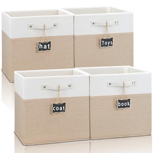 storage cubes 11x11x11Set of 4,Foldable Fabric Storage Cubes with Labels,Linen Cube Storage Organizer Bins Kallax Storage Cubes for Organizing Shelves Cabinet(White Khaki). - color: White & khaki-4pack, size: 11''x11''x11''