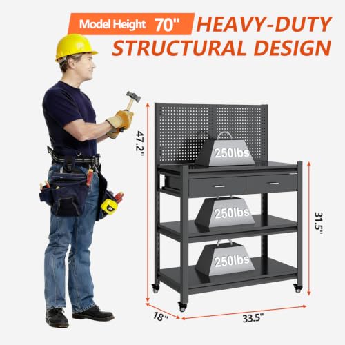 Metal Workbench, Mobile Work Table, Pegboard & Drawer, 1 Pack - size: 47.2"H x 33.5"W x 18"D with Drawers