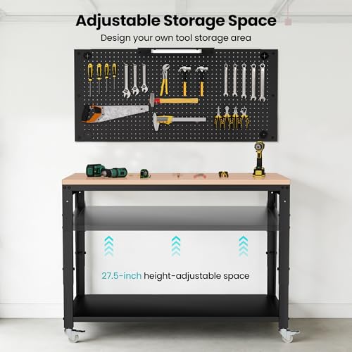 Antifir 48" Adjustable Garage Workbench with Under Shelf & Metal Pegboard - size: 48x24" Double Decked