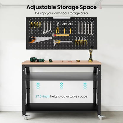 Antifir 48" Adjustable Garage Workbench with Under Shelf & Metal Pegboard - size: 48x24" Double Decked