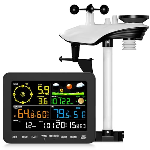 Weather Stations Wireless Indoor Outdoor, Weather Station with Rain Gauge, Wind Speed, Barometer, Temperature & Humidity Monitor, Moon Phase, Alarm Clock, Color Display, Garden, Farm
