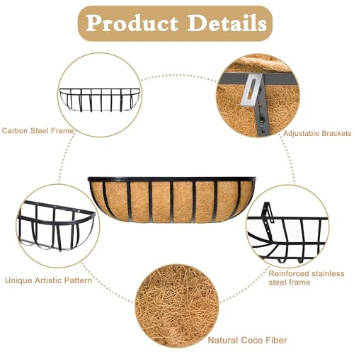 Window Box Railing Planter with Coco Liner 2 Pack 36 Inch Metal Hanging Flower Planter Deck Railing Planters Boxes for Balcony Outdoor Plants Fence Porch Patio - size: 36IN