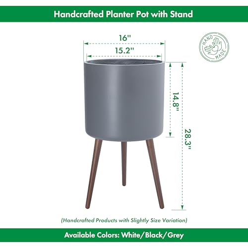 D'vine Dev 16 Inch Planter Pot with Wood Stand, Grey, 88-O-E-3 - color: Matte Grey, size: XX-Large