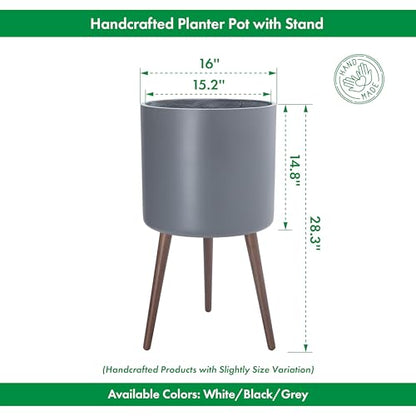 D'vine Dev 16 Inch Planter Pot with Wood Stand, Grey, 88-O-E-3 - color: Matte Grey, size: XX-Large