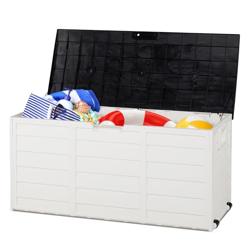 75 Gallon Outdoor Storage Box with Wheels Lockable Seat Waterproof Deck Box
