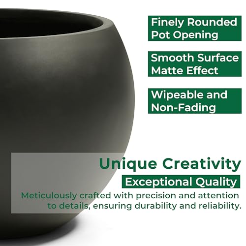 15.8"Dia x 10.9"H Fiberstone Sphere Planter, Black Round Flower Pot - color: Black, size: Medium