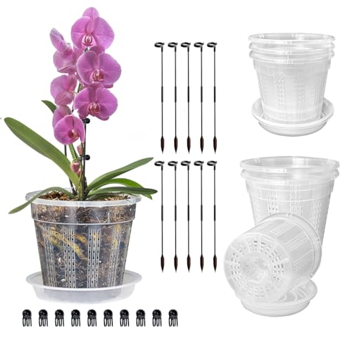 Orchid Pot with Saucers, 6 Pack 4.3" Orchid Pots with Holes and 10Pcs Plant Stakes, Clear Plastic Flower Plant Pot for Indoor Outdoor Plants - style: 6 Pack 4.3" + Saucers