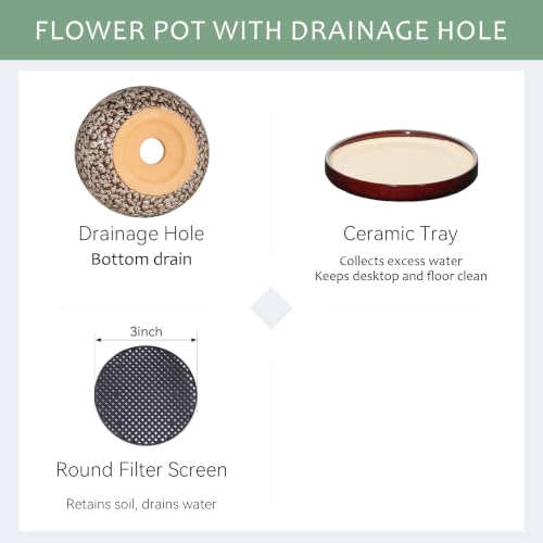 10.3 Inch Ceramic Glaze Plant Pot with Saucer, Flower Pots with Drainage Hole Mesh Net (Spot White) - color: Spot White
