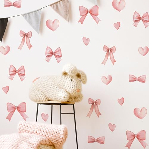Arawat 48pcs Bowtie Wall Sticker and Decals for Bedroom and Bathroom Pink Bow Room and Wall Decor Heart Decoration Vinyl Peel and Stick Room Decor for Bedroom Bow Stickers - color: #a 6 Sheets Bowtie Wall Stickers
