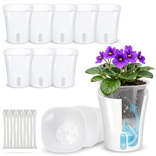 10 Pack 3" Self Watering Small White Plant Pots for Indoor Plants, Clear Inner Cup, Water Level Indicator, Drainage Holes & Wick, for Cuttings, Seedlings, Herb, African Violet - size: 3" (10 Pack)