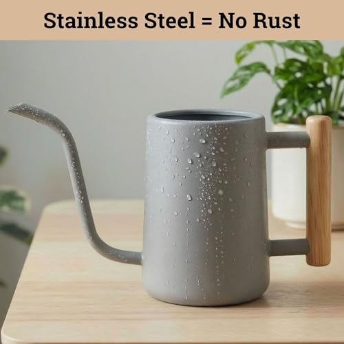 Metal Small Indoor Watering Can with Long Spout & Real Wood Handle, 35oz - color: Gray